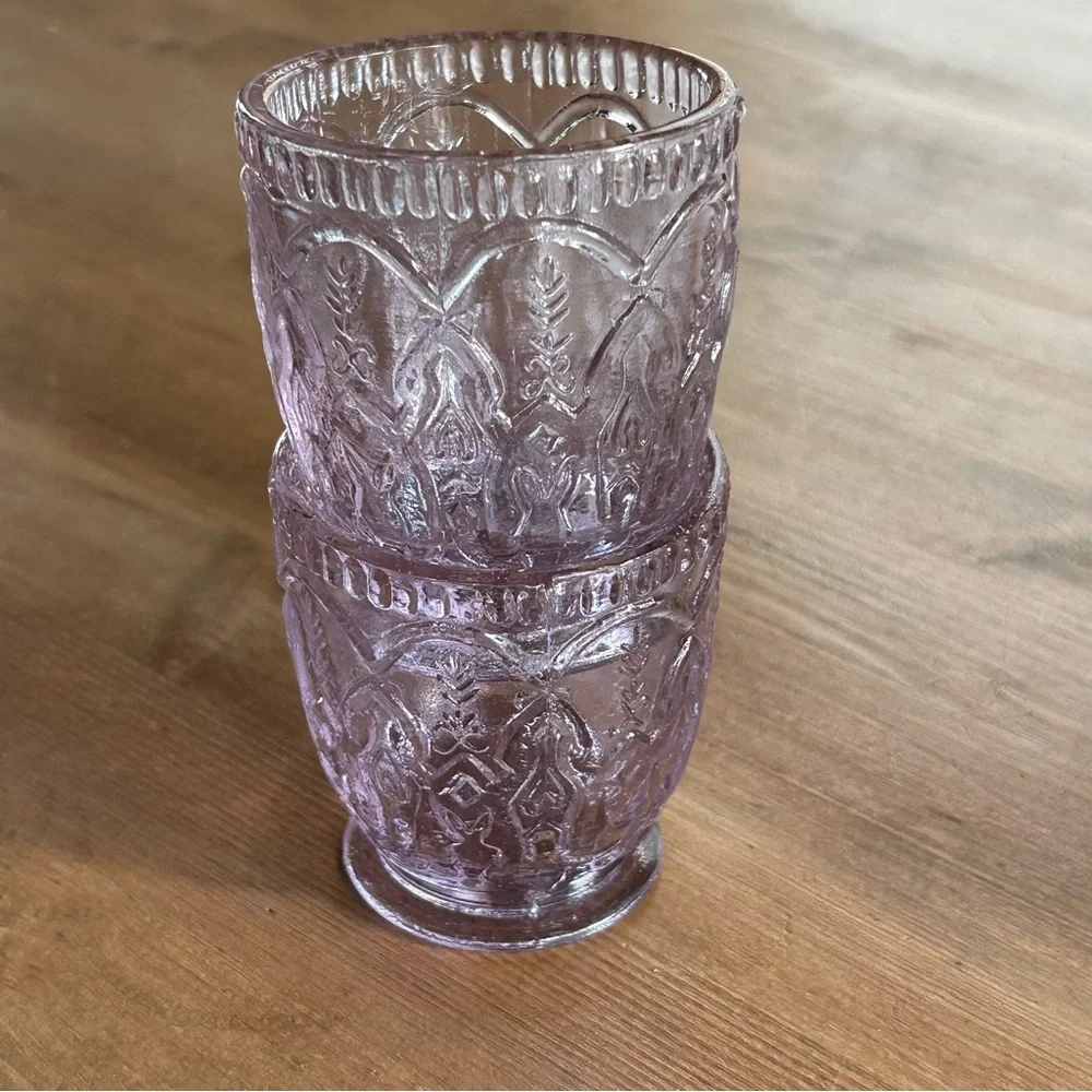Set of 2 Embossed Lavender Glass Votive Holders, Romantic & Whimsical